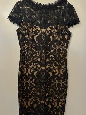Tadashi Shoji Black Lace Overlay on Nude Midi Dress